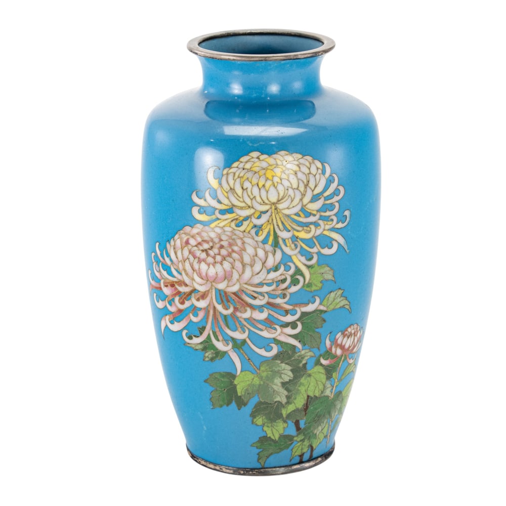 A Japanese cloisonne enamel vase: A Japanese cloisonne enamel vase. Depicting chrysanthemum motif on a sky-blue ground, late Meiji/Taisho period, 7" high.