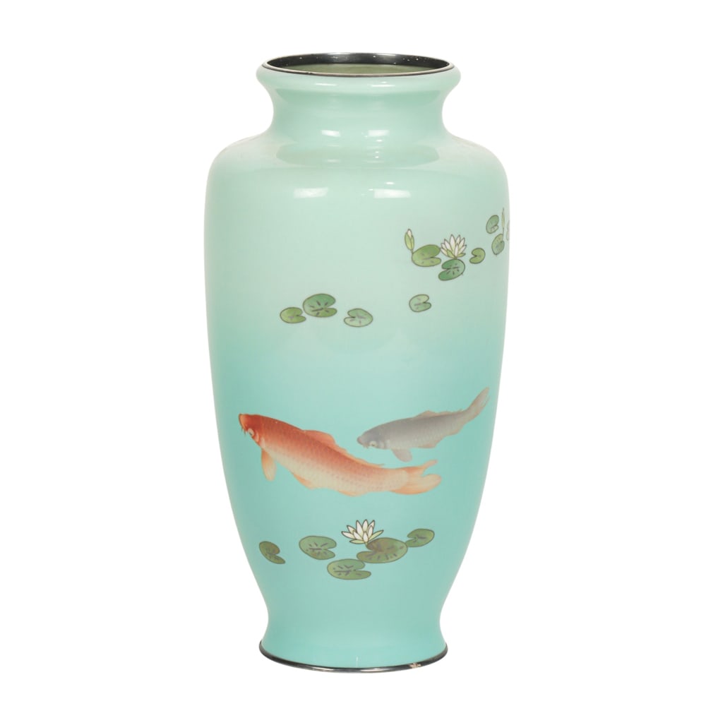 A Japanese cloisonne enamel 'carp' vase by Ando Cloisonne Company: A Japanese cloisonne enamel 'carp' vase by Ando Cloisonne Company. Depicting two carps in a lily pond highlighted by the use of moriage enamel, featuring an Ando mark on the recessed base, Meiji perio