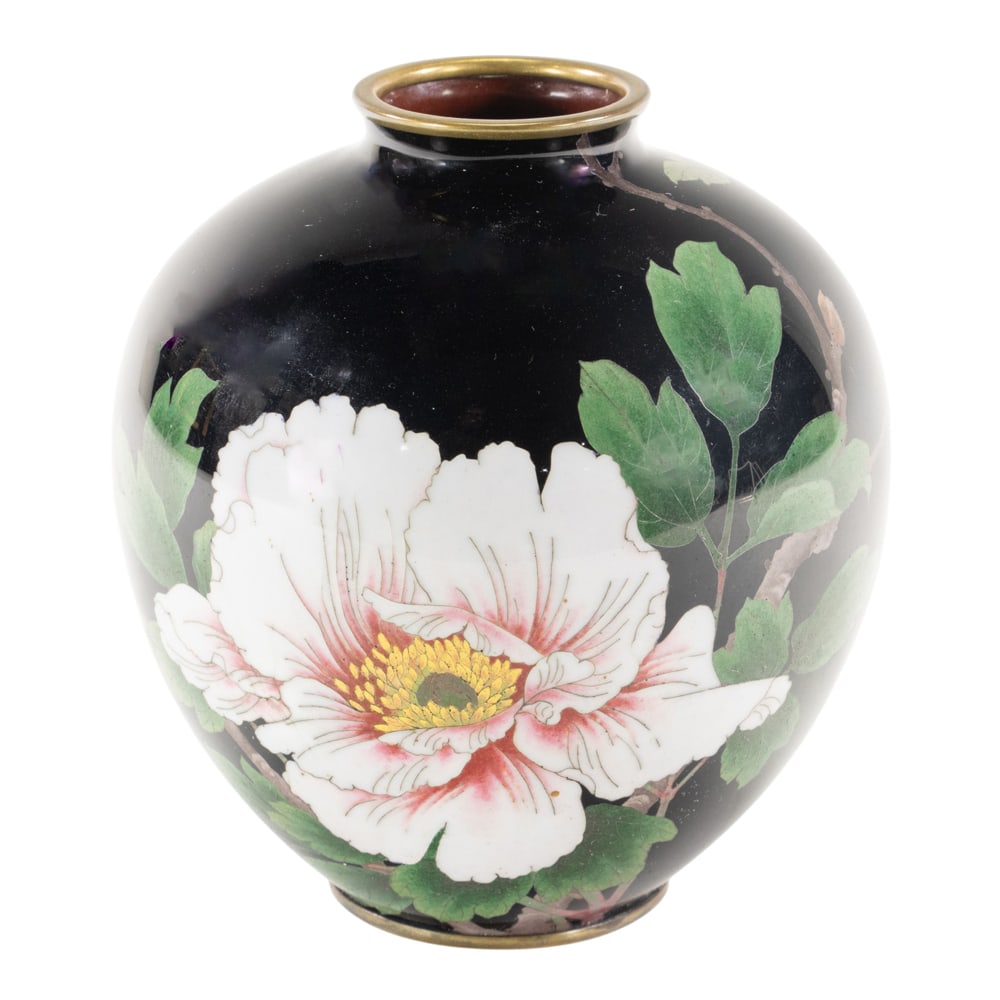 A Japanese cloisonne enamel vase by Goto: A Japanese cloisonne enamel vase by Goto. Featuring floral design on a black ground, the recessed base with the artist's seal. early 20th century, 5.375" high.