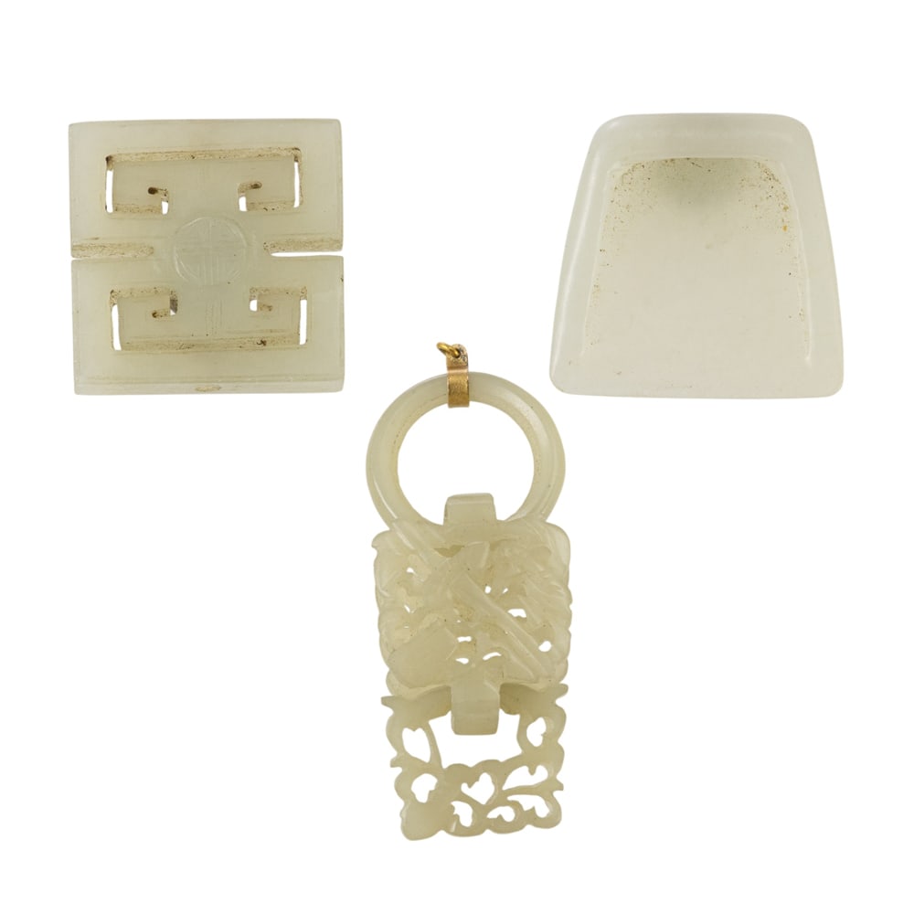 (lot of 3) Chinese white jade pendants: (lot of 3) Chinese white jade pendants. 19th century, from 1" to 1.25" across.