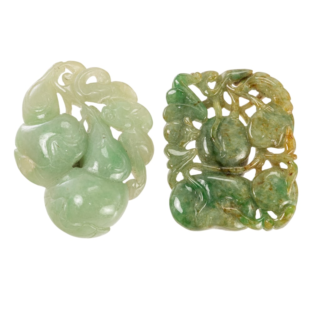 (lot of 2) Chinese green jadeite pendants: (lot of 2) Chinese green jadeite pendants. Featuring double gourd motif, 19th century, from 1.75" to 2" across.