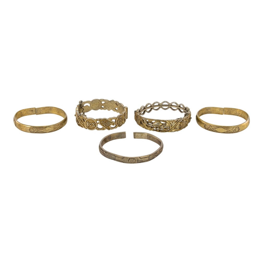 (lot of 5) Chinese gilt silver bracelets: (lot of 5) Chinese gilt silver bracelets. Featuring auspicious and floral motif, 2.5" inner diameter.