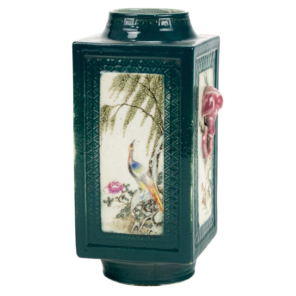 A Chinese famille rose cong-form vase: A Chinese famille rose cong-form vase. Depicting landscape and birds motif, Republic period, 9.75'" high.