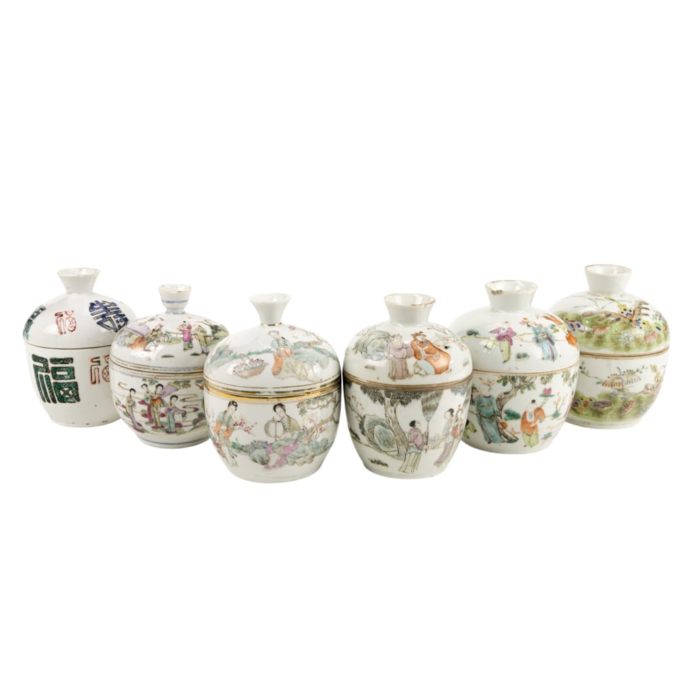 (lot of 6) Chinese famille rose covered jars: (lot of 6) Chinese famille rose covered jars. Featuring figural. floral, butterfly, and auspicious motif, late 19th to early 20th century, 4.75" to 4.875" high.