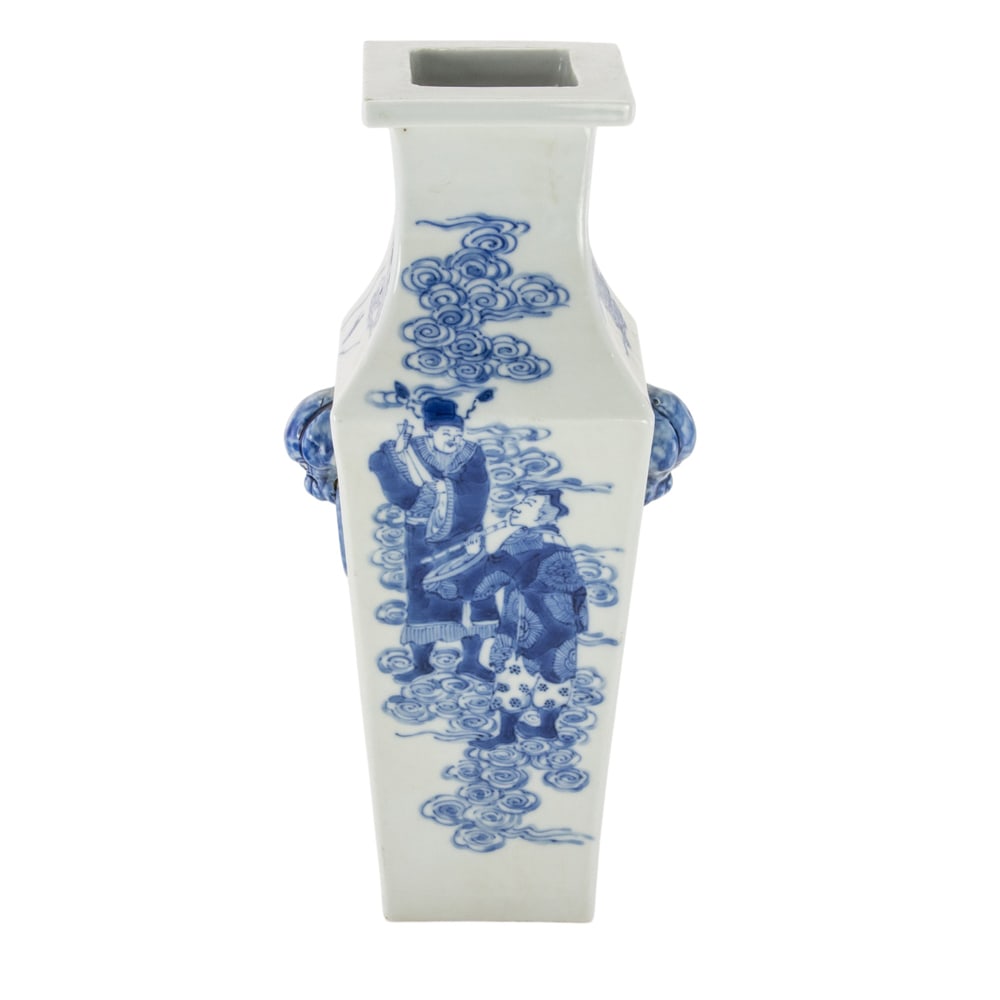 A Chinese blue and white square-form vase: A Chinese blue and white square-form vase. Depicting eight immortal motif, bearing Kangxi -six-character mark, 10.5" high.