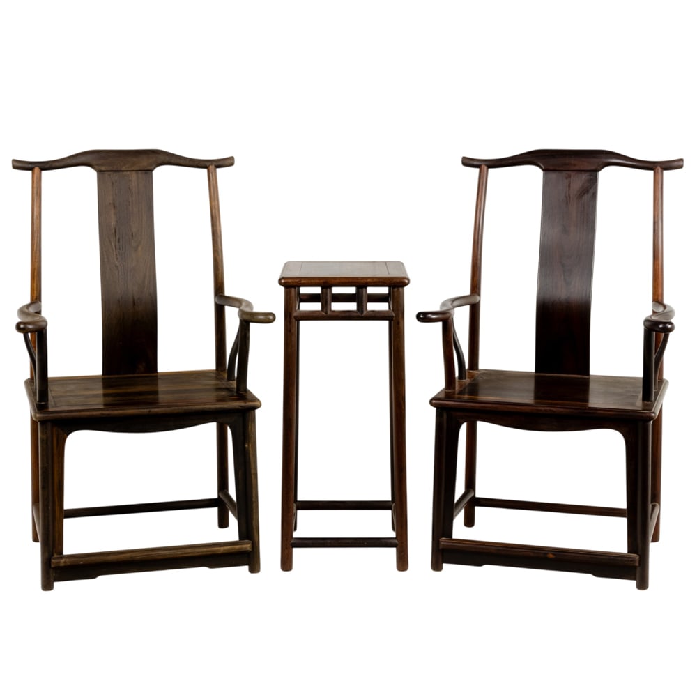 A set of three Chinese zitan official's hat armchairs and table (1 of 6)