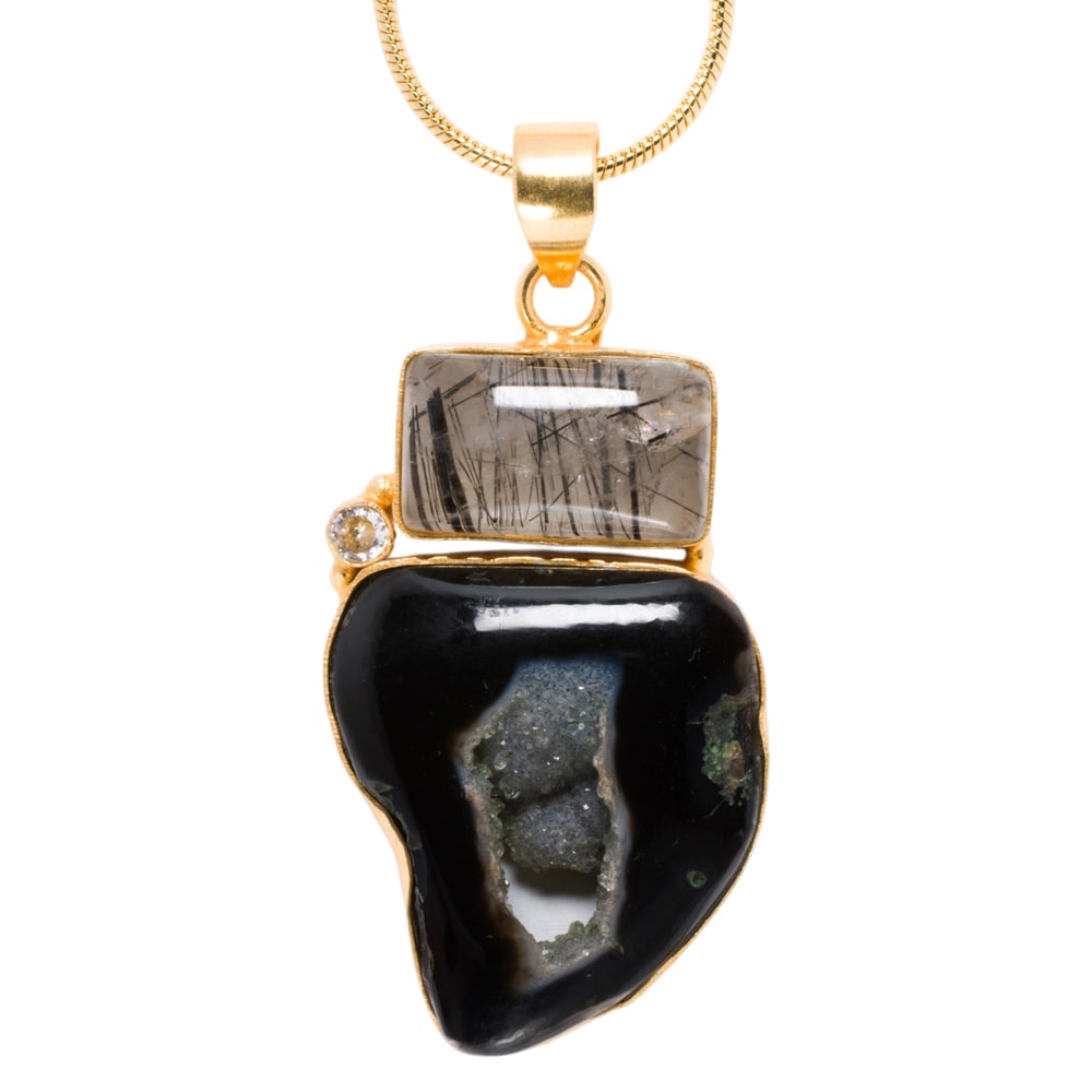 A hardstone and sterling silver necklace: A hardstone and sterling silver necklace Featuring an abstract arrangement of hardstone cabochons including rutilated quartz and agate; pendant length: 2 1/2 in; chain length: 24 in; 28.40 grams