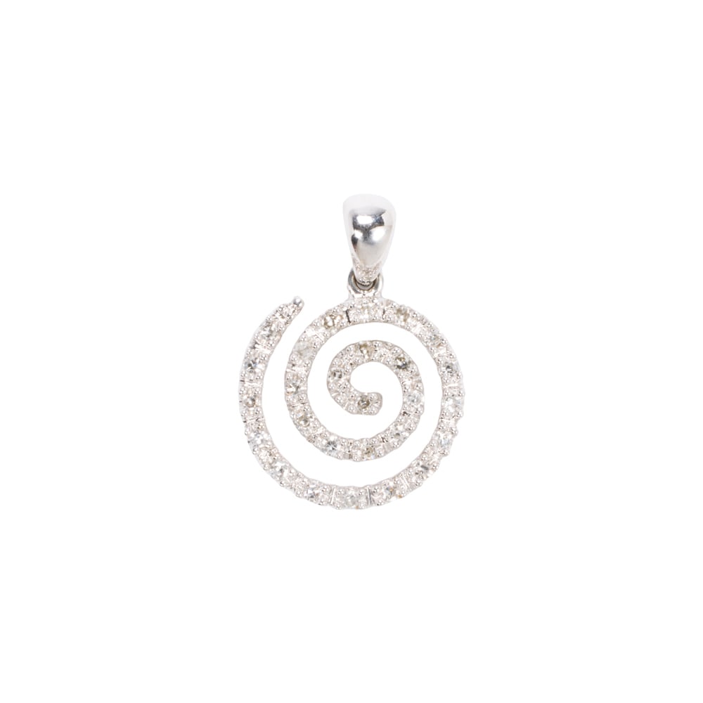 A diamond and 14k white gold pendant: A diamond and 14k white gold pendant designed as a swirl of round brilliant-cut diamonds; length: 1/3 in; 1.30 grams