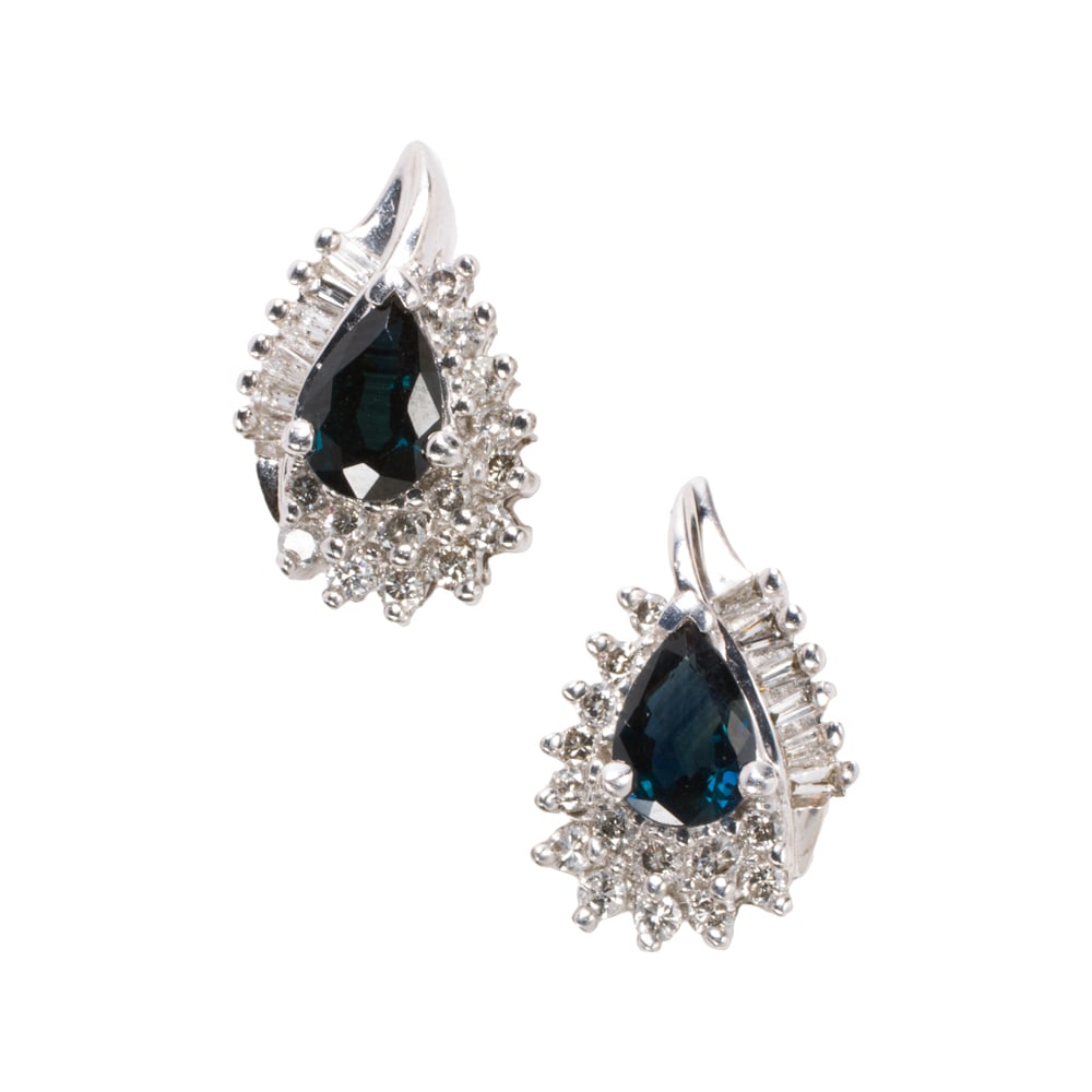 A pair of sapphire, diamond and 14k gold earrings: A pair of sapphire, diamond and 14k gold earrings Each featuring a pear-cut sapphire weighing approximately 1.30 carats in total; accented by single-cut diamonds; length: 3/4 in; 4.50 grams