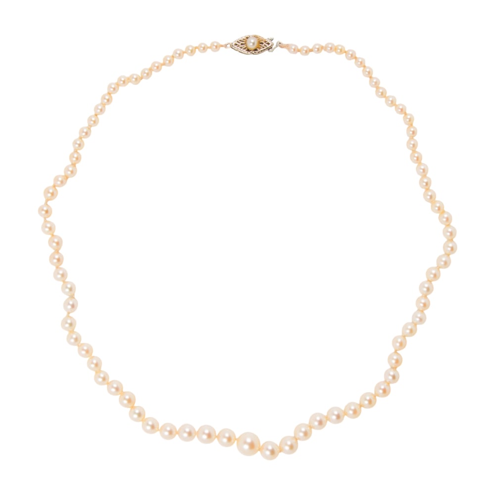 A cultured pearl and 14k white gold necklace: A cultured pearl and 14k white gold necklace Featuring a gradation of cultured pearls measuring from 3.19 to 7.57 mm, on 14k white gold clasp; length: 16 in; 11.15 grams