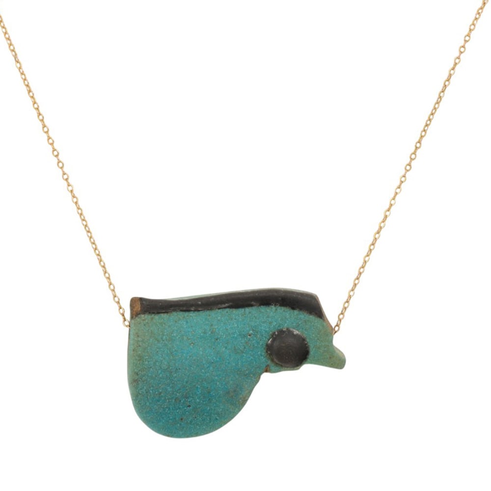 A stoneware and 14k rose gold necklace: A stoneware and 14k rose gold necklace Featuring a modernist stoneware pendant on 14k rose gold cable link chain; pendant width: 1 5/8 in; chain length: 15 in; 8.15 grams