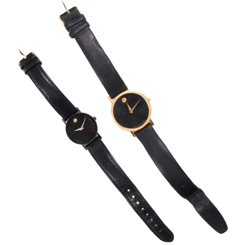 Two Movado watches: Two Movado watches Comprising two stainless steel quartz movement watches on black leather straps