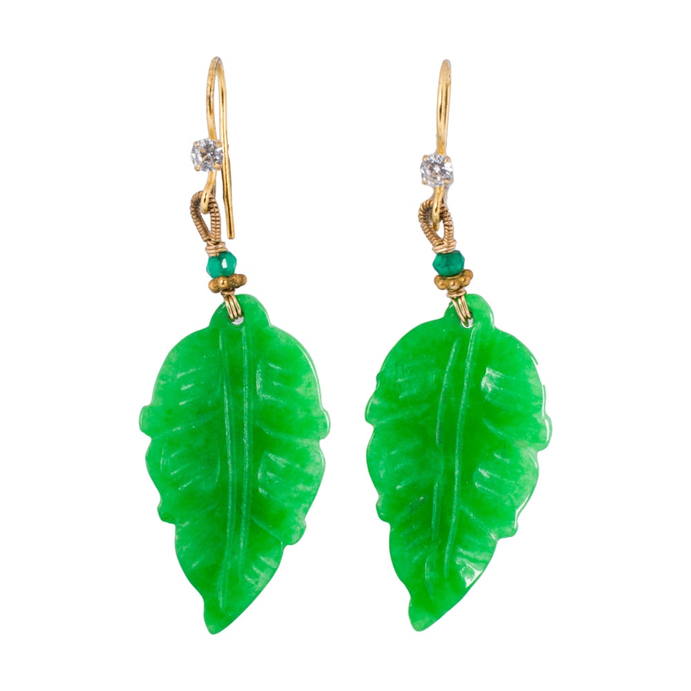 A pair of green stone and silver jewelry: A pair of green stone and silver jewelry Featuring carved stone leaves with cubic zirconia surmount; length: 2 1/2 in; 5.55 grams