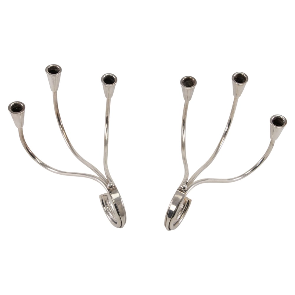 A Danish plated pair of three light taper candelabra, design of Carl F Christiansen (1 of 1)
