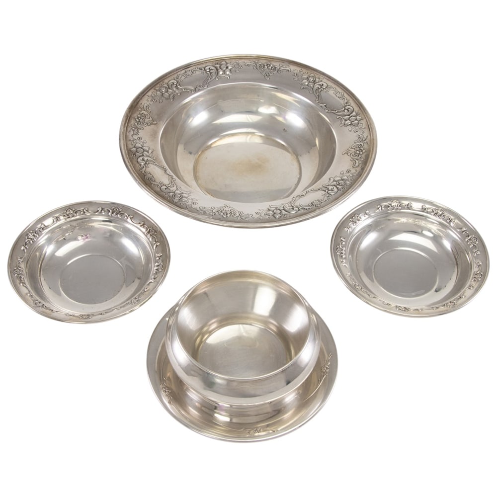 A group of sterling hollowware by Gorham Mfg Co.: A group of sterling hollowware by Gorham Mfg. Co., comprising: gravy bowl with attached underplate, Sea Rose, D. 6 1/2 in; a pair of candy bowls, Strasbourg, D. 5 3/4 in; and a serving bowl,