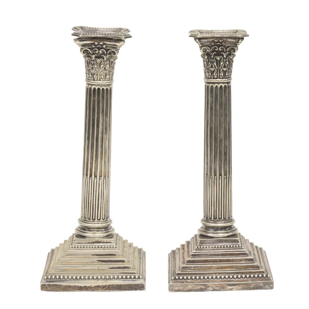 An English silver plated pair of Corinthian column candlesticks (1 of 2)