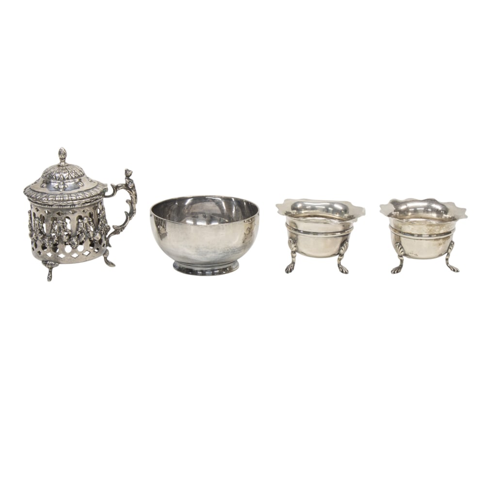 A lot of English silver items: A lot of English silver items, comprising: small footed bowl with rubbed 18th century London hallmarks, D. 3 in; a pair of tripod salt cellars, WB Ld., Birmingham, 1906; D. 2 3/8 in; and a Hanau sterl