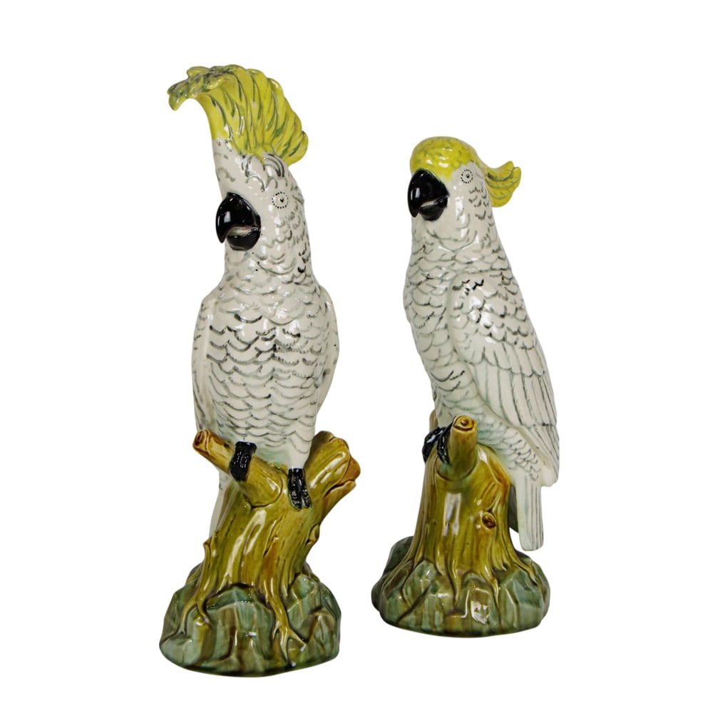 A pair of Minton's pottery models of cockatoos: A pair of Minton's pottery models of cockatoos, molded factory mark, greatest 14.25"h