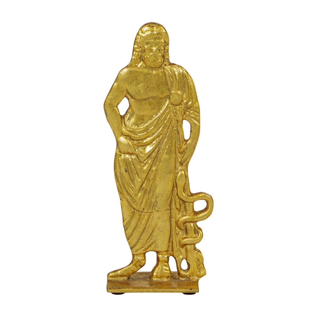 A gilt metal figural book end of Asclepius: A gilt metal figural book end of Asclepius, 8.25"h