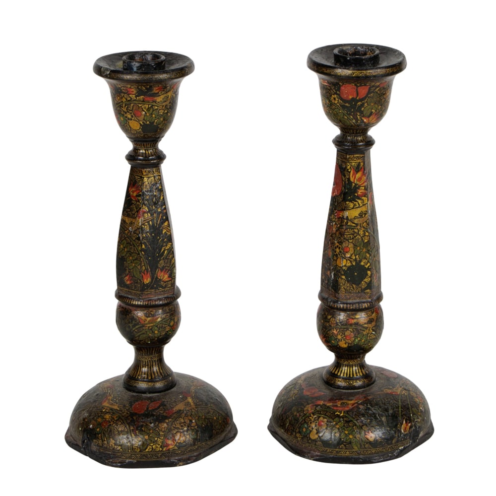 A pair of Indian Kashmir candlesticks: A pair of Indian Kashmir candlesticks, late 19th/early 20th century. indistinctly signed 'Ganemede Srinagar, Kashmir', 9"h