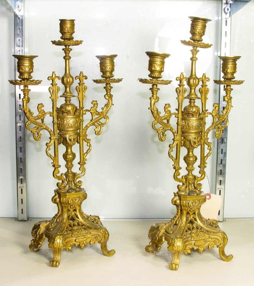 A pair of French gilt bronze three light candelabra in the Renaissance Revival taste (1 of 1)