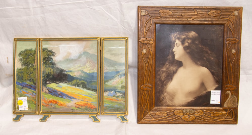 An Art Nouveau carved frame: An Art Nouveau carved frame, overall 15.25"h x 13.5"w and a framed landscape triptych, 11.25"h [2 total]
