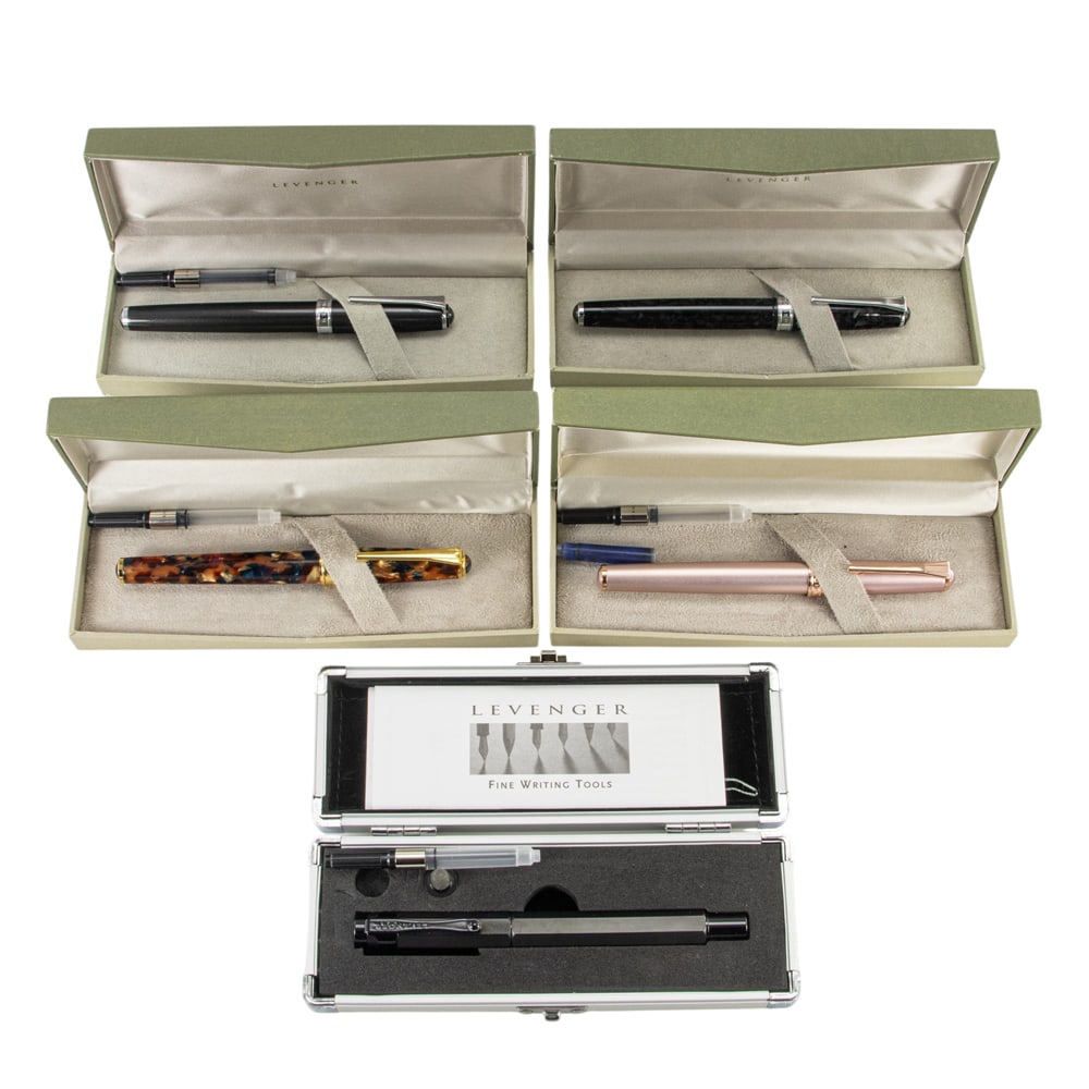 Five Levenger fountain pens: Five Levenger fountain pens, including l-tech stealth pen and true writer model, with (5) boxes and (4) ink converters
