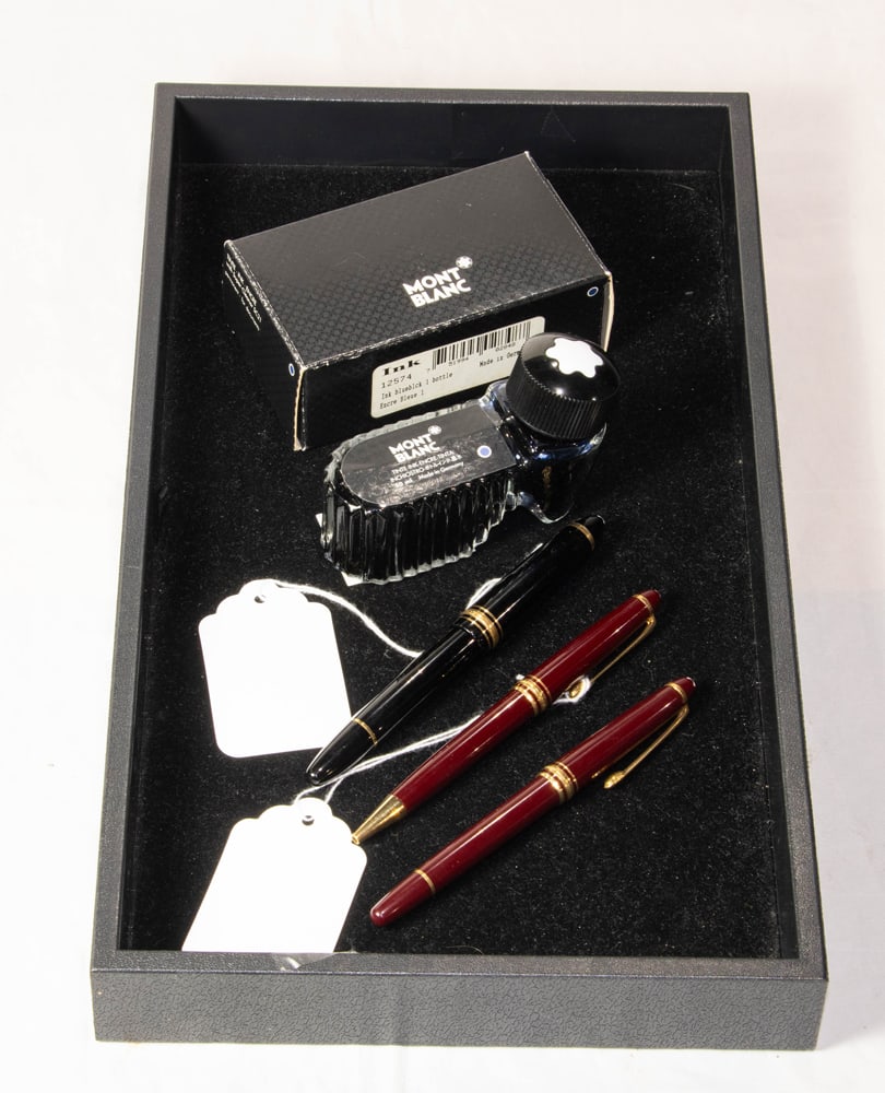 Three Montblanc pens: Three Montblanc pens, comprising of (1) burgundy Meisterstuck Classique ball point pen, marked 'W. Germany', (1) burgundy Meisterstuck Classique rollerball pen, marked 'W. Germany', (1) Meisterstuck