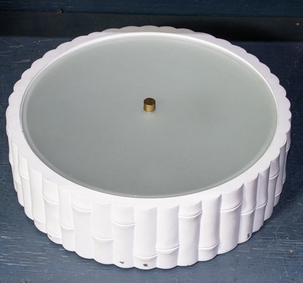 An Alexa Hampton for Visual Comfort white enameled metal faux bamboo flush mount ceiling fixture: An Alexa Hampton for Visual Comfort white enameled metal faux bamboo flush mount ceiling fixture, enclosing three lights, 4.75"h x 15"dia