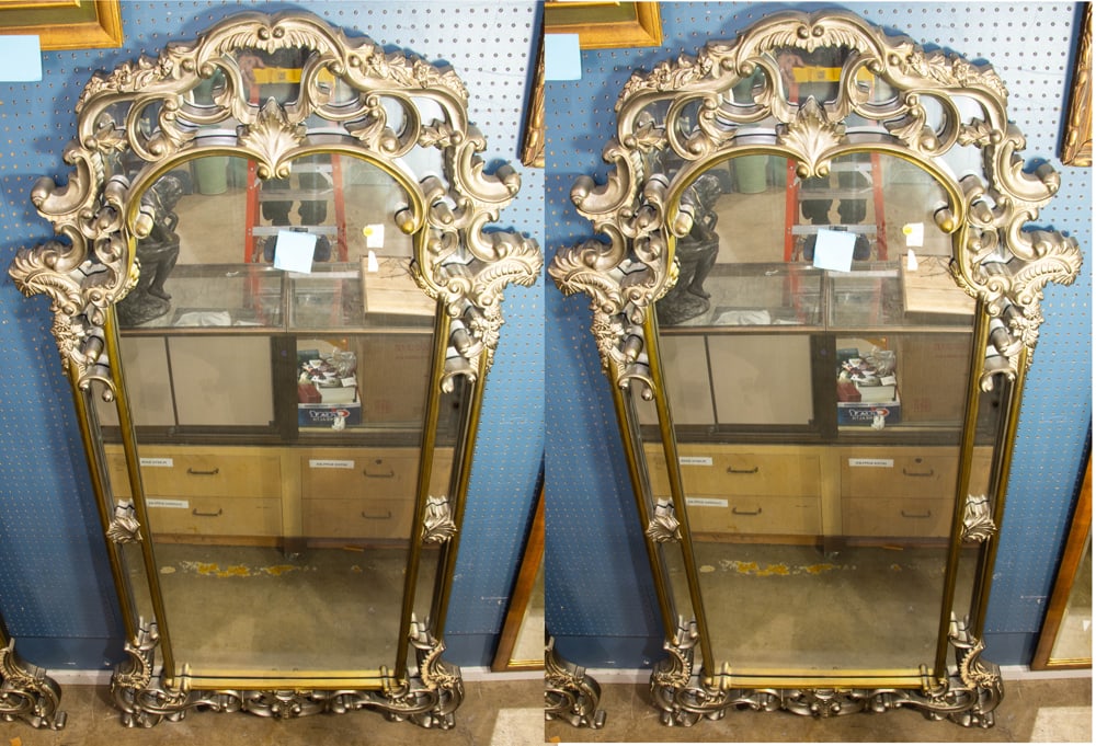 A massive pair of contemporary silvered composition mirrors in Baroque taste: A massive pair of contemporary silvered composition mirrors in Baroque taste, fitted with hanging hardware and fabric backing 7' x 3'6"w