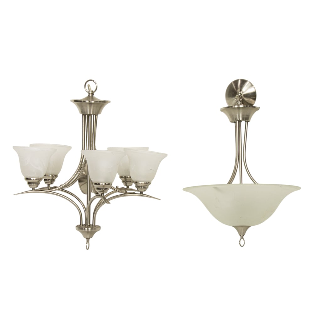 Two contemporary light fixtures: Two contemporary light fixtures, the first chandelier with five lights, 22.5"dia' the second flush mount inset with three-lights, 17.5"dia