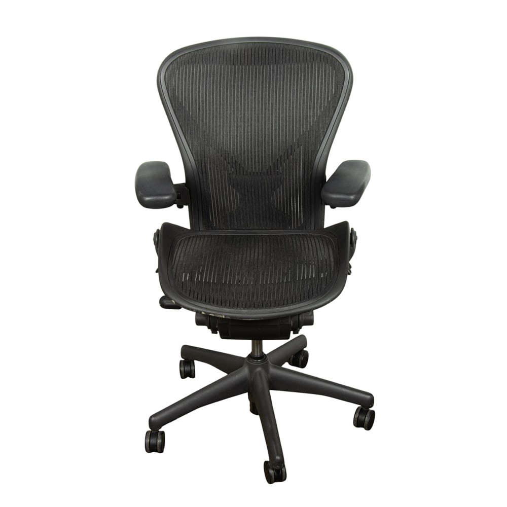 An Aeron style office chair: An Aeron style office chair, adjustable between 37"h and 42.5"h: 18.5"d (seat)