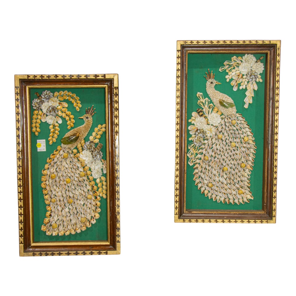 A pair of Mid-Century shell pictures of peacocks (1 of 1)