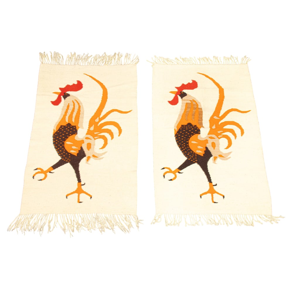 A pair of Mid-Century wool weavings: A pair of Mid-Century wool weavings, each centering a rooster, 47"h x 27.5"w