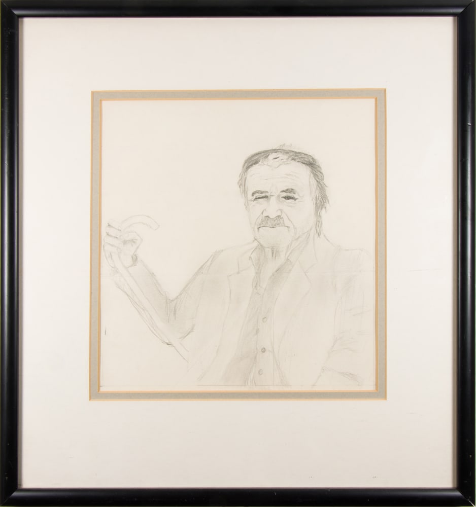 Work on paper, Milein Cosman: Milein Cosman (German, 1921-2017), Man with Moustache and Cane, pencil on paper, overall (with frame): 14.5"h x 13.5"w
