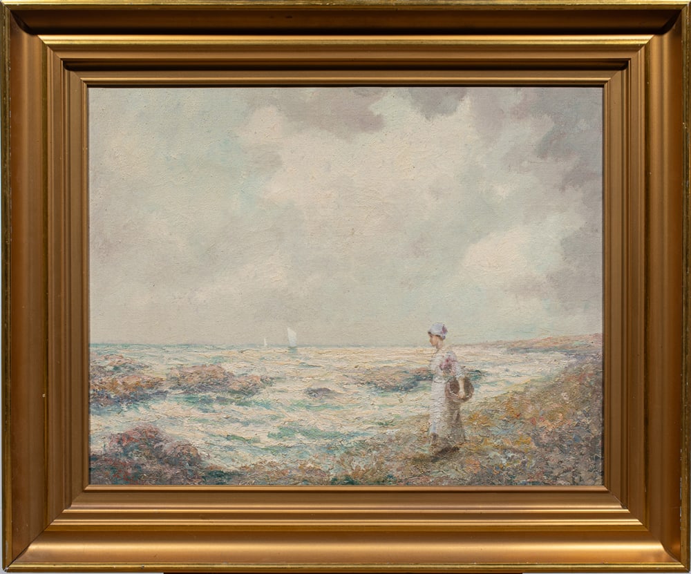Painting, American School (20th century): American School (20th century), Woman by the Seaside, oil on canvas, signed indistinctly lower left, overall (with frame): 29"h x 35"w
