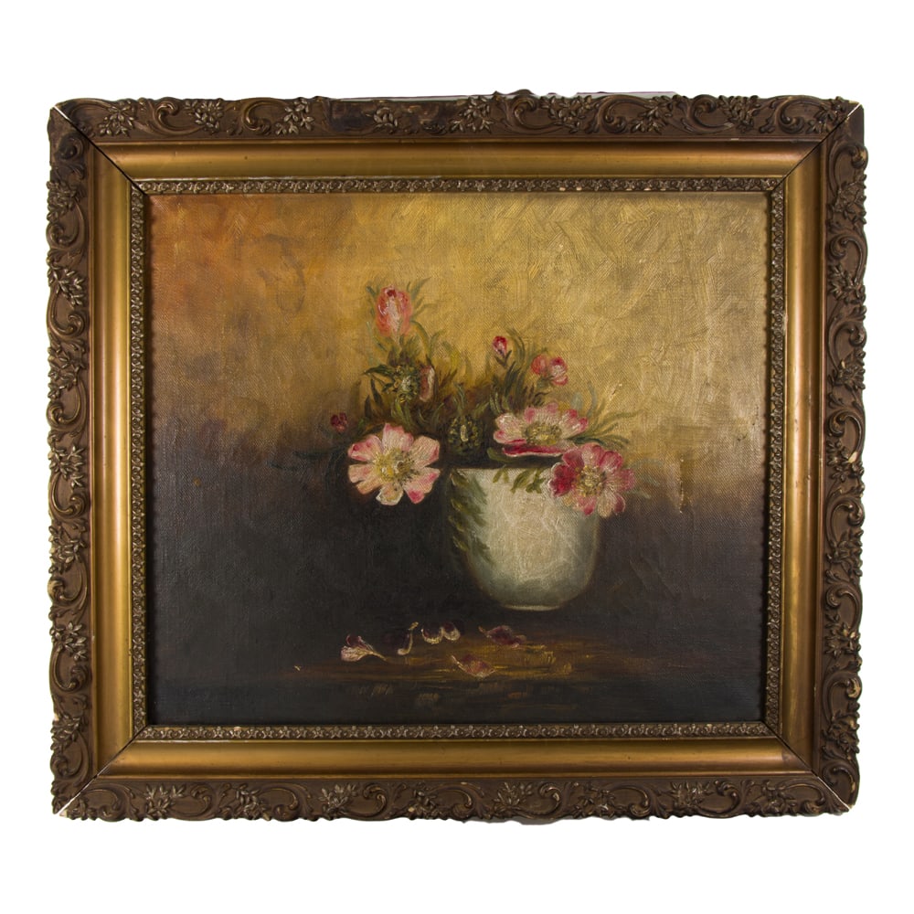 Painting, American School (20th century): American School (20th century), Pink Flowers, oil on canvas, overall (with frame): 15.5"h x 17.5"w