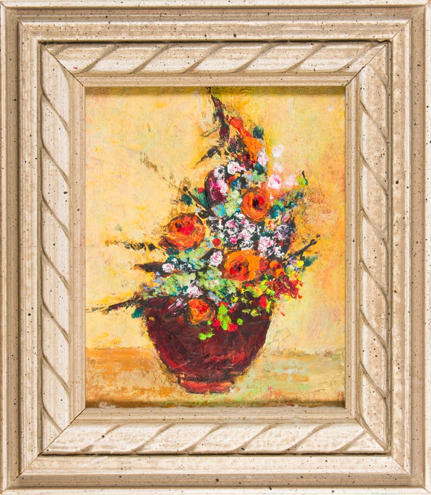 Painting, Marjorie Connell: Marjorie Connell (American, 1872-1964), "Gifts of the Garden," 1968, oil on board, Artists' Cooperative of San Francisco label affixed verso, overall (with frame): 8.5"h x 7.5"w