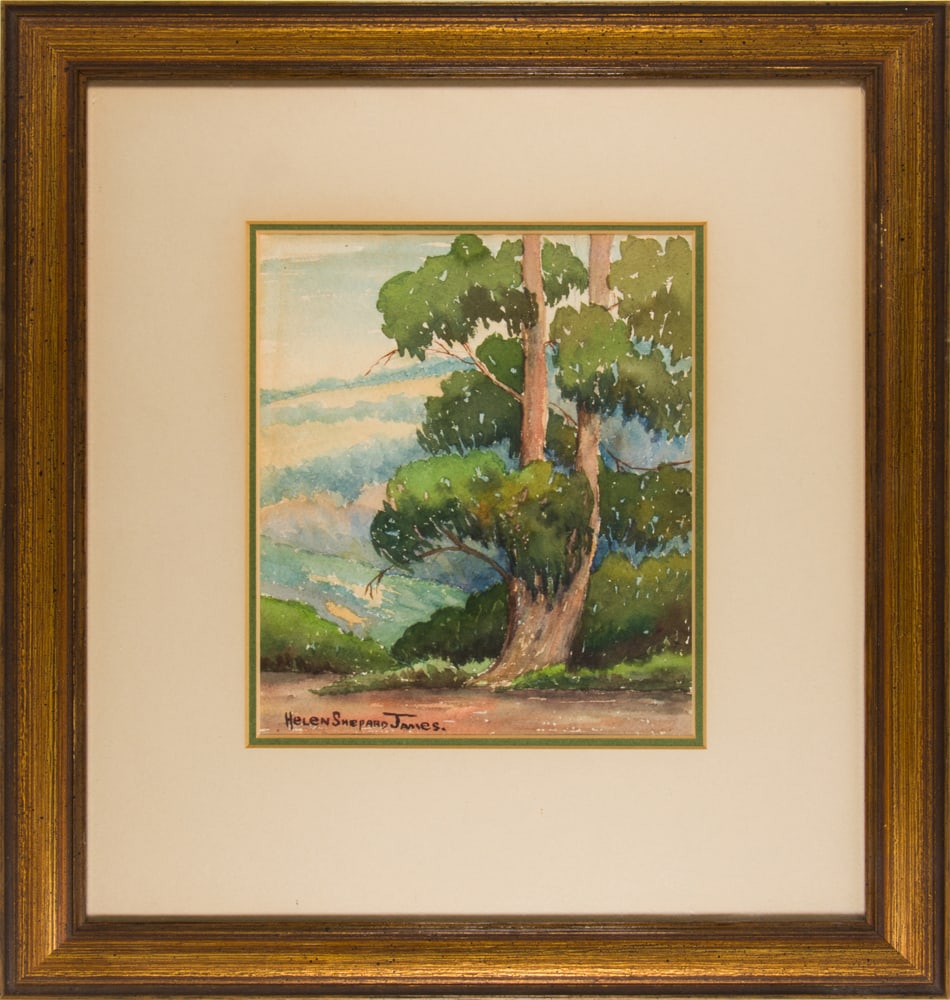 Watercolor, Helen Shepard James: Helen Shepard James (American, b. 1887), Tree in the Foothills, watercolor, signed lower left, overall (with frame): 13.5"h x 11.5"w