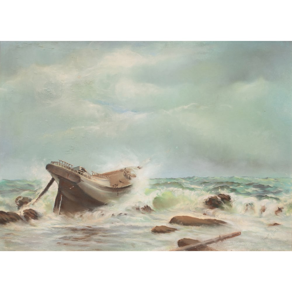 Work on Paper, Minnie M. Birch: Minnie M. Birch (American, 20th century), Shipwreck, pastel on paper, signed lower right, sight: 19.5"h x 26.25"w, overall (with frame): 23.25"h x 30.25"w
