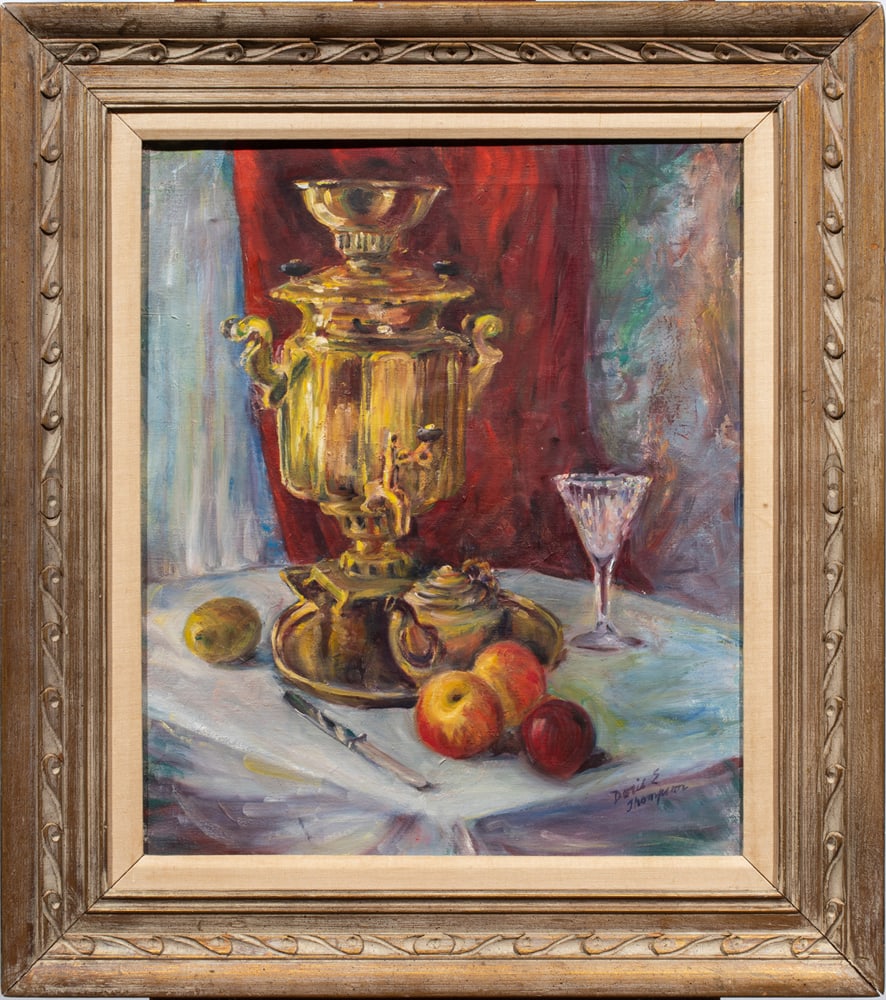 Painting, Doris E. Thompson: Doris E. Thompson (American, 20th century), Still Life with Samovar, oil on canvas, signed lower right, overall (with frame): 32"h x 28.5"w