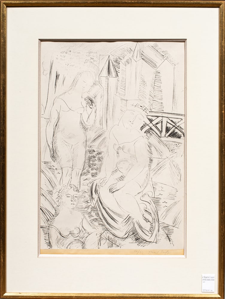 Print, Raoul Dufy: Raoul Dufy (French, 1877-1953), "Trois Bagneuses devant le port de Sainte-Adresse," lithograph, pencil signed lower right, edition 20"h x 25"w, overall (with frame): 29"h x 22.5"w
