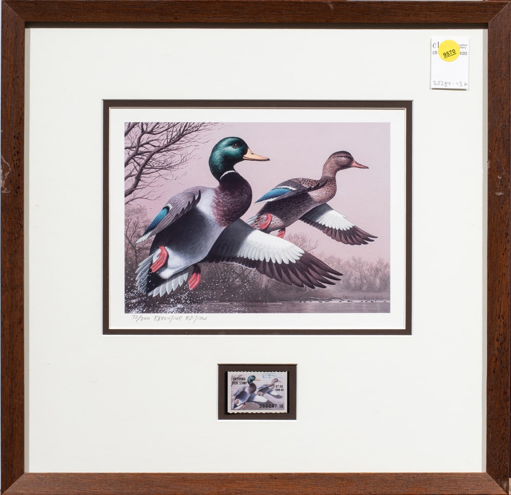 Print and Stamp, Robert Steiner: Robert Steiner (American, 20th century), Ducks Flying, offset print with stamp, stamp hand signed, edition 72/200, overall (with frame): 17.5"h x 17"w