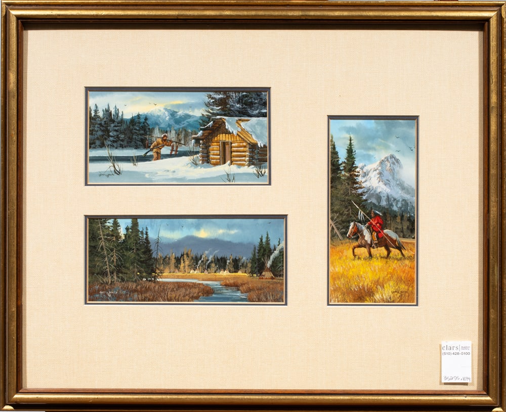 Paintings, Gerry Metz: (lot of 3) Gerry Metz (American, 1943-2018), Western Scenes, gouaches on paper, each signed, overall (with frame, framed together): 17.75"h x 21.75"w
