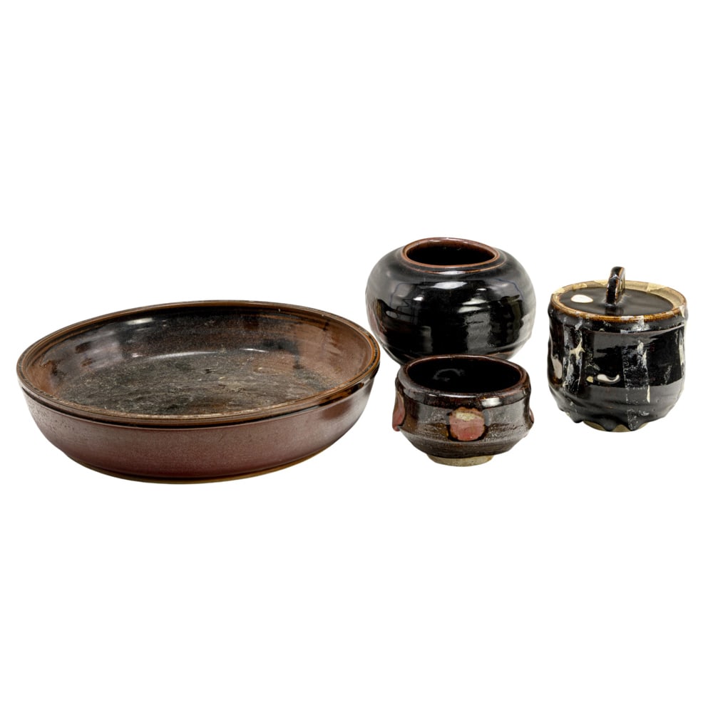 Ceramic Vessels, American School (20th century): (lot of 4) American School (20th century), Dark Earth-Toned Vessels, two ceramic pots, one lidded urn, and one large, shallow bowl, each unsigned, overall (for largest): 2.5"h x 12"w x 12"d.