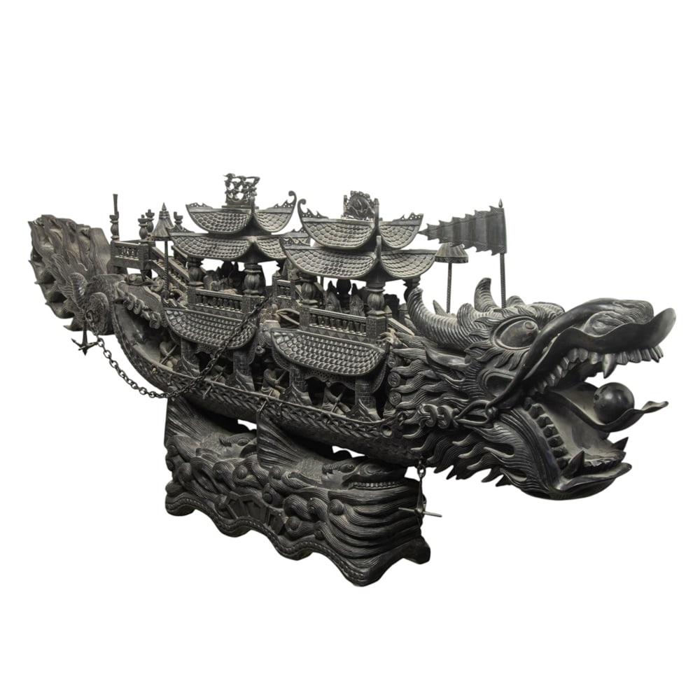 A large Chinese carved wood dragon boat: A large Chinese carved wood dragon boat. Second half of the 20th century, 22.5"h x 53"w 6.5"d. Provenance: A private collection, Russian Hill, San Francisco, from the storied Gold Coast residence know