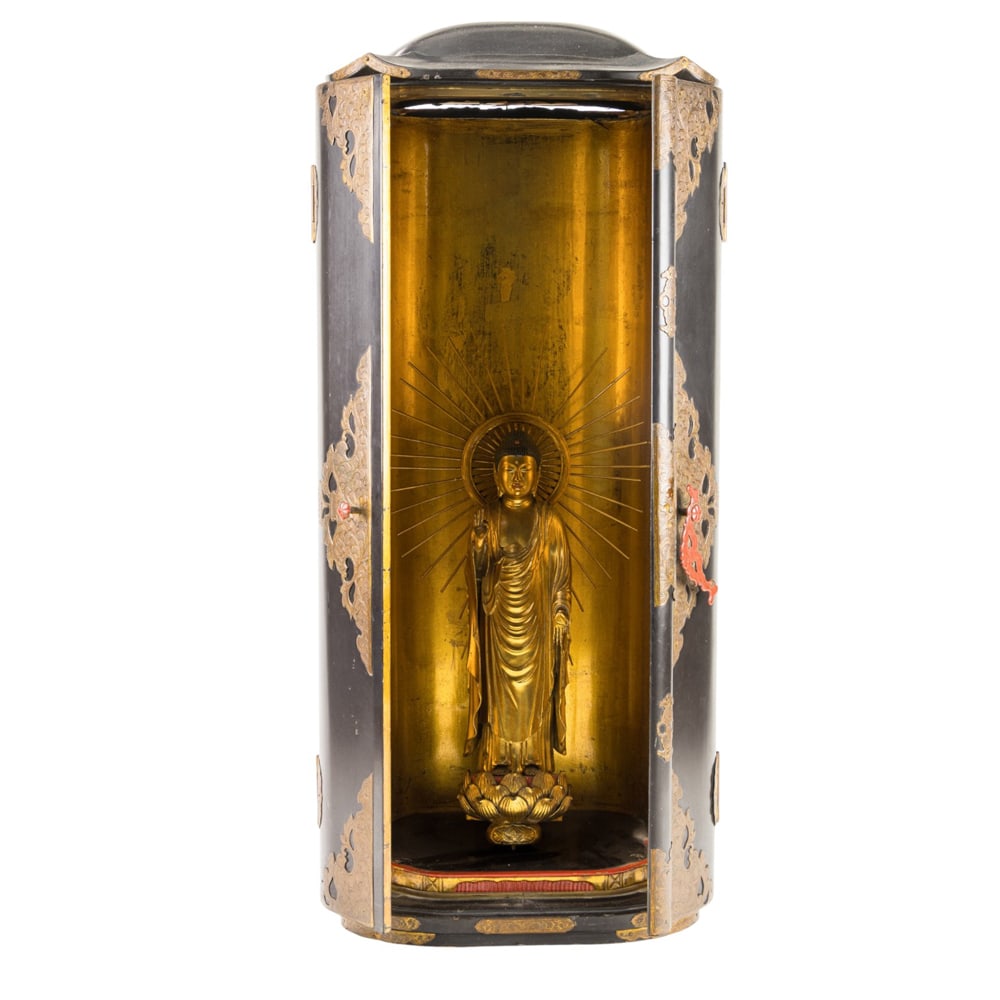 A Japanese lacquered portable Buddhist shrine and figure: A Japanese lacquered portable Buddhist shrine and figure. Edo period, 17" and 28" high.
