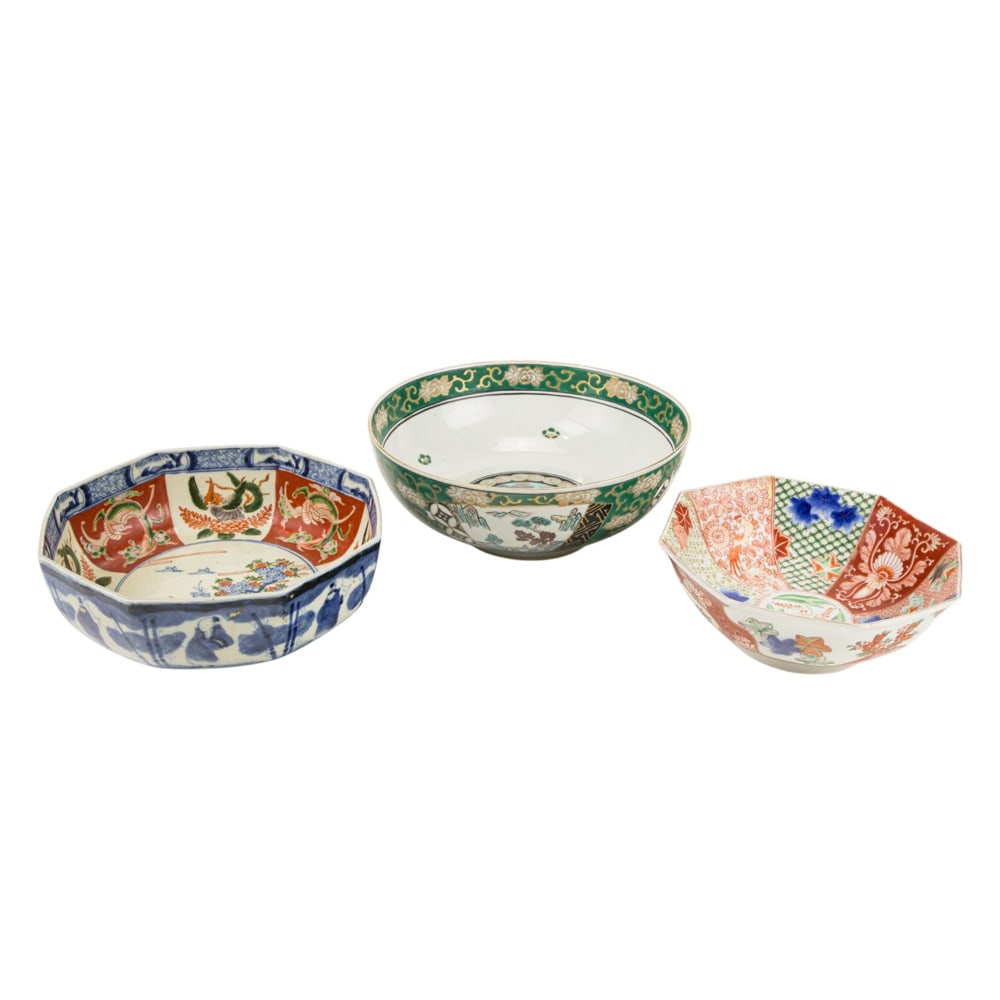 (lot of 3) Japanese Imari and Kutani bowls: (lot of 3) Japanese Imari and Kutani bowls. 19th century and later, 8.5" to 10" across.