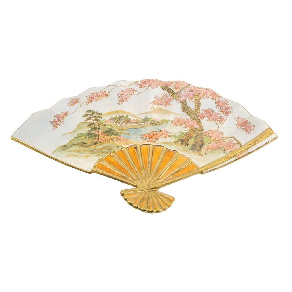 A Japanese Satsuma fan-form dish: A Japanese Satsuma fan-form dish. Depicting landscape motif, Meiji period, 16.875" across.