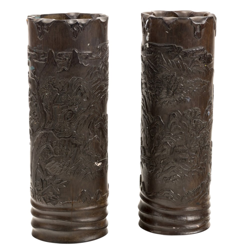 (lot of 2) Chinese carved bamboo pots: (lot of 2) Chinese carved bamboo pots. Featuring landscape motif, 9.75" high.